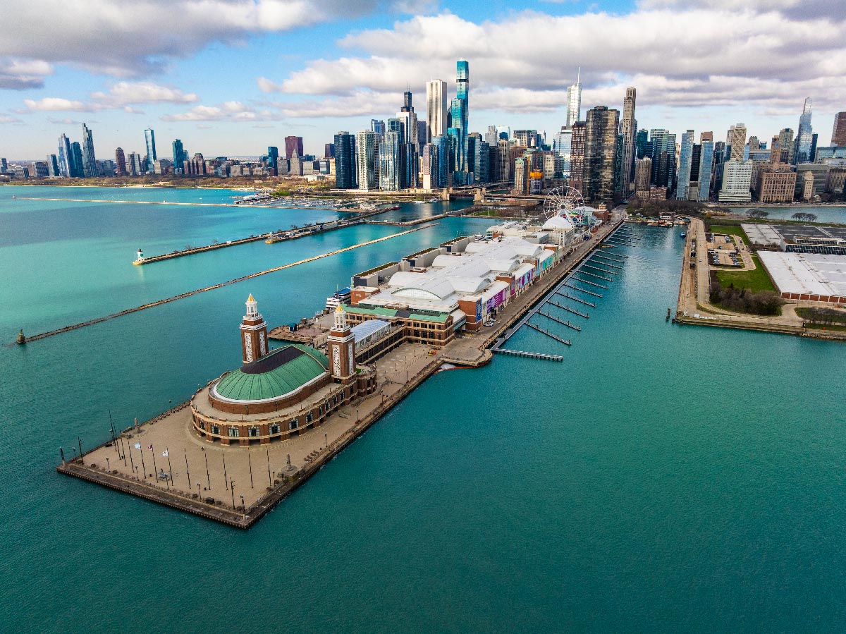 Drone view of Navy Pier Marina and lakefront ahead of Marina Season Opening 2025