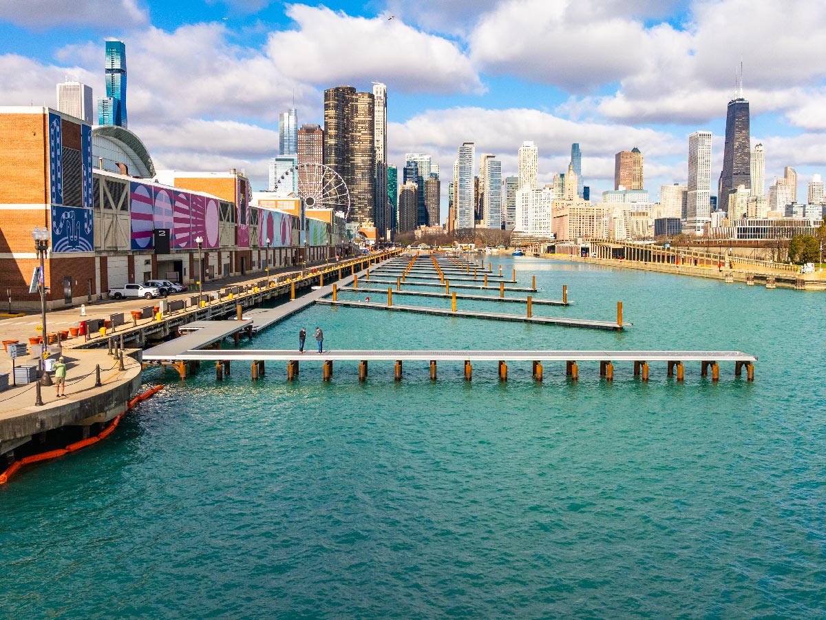 Navy Pier Marina docks and skyline shown on the Navy Pier Marina page