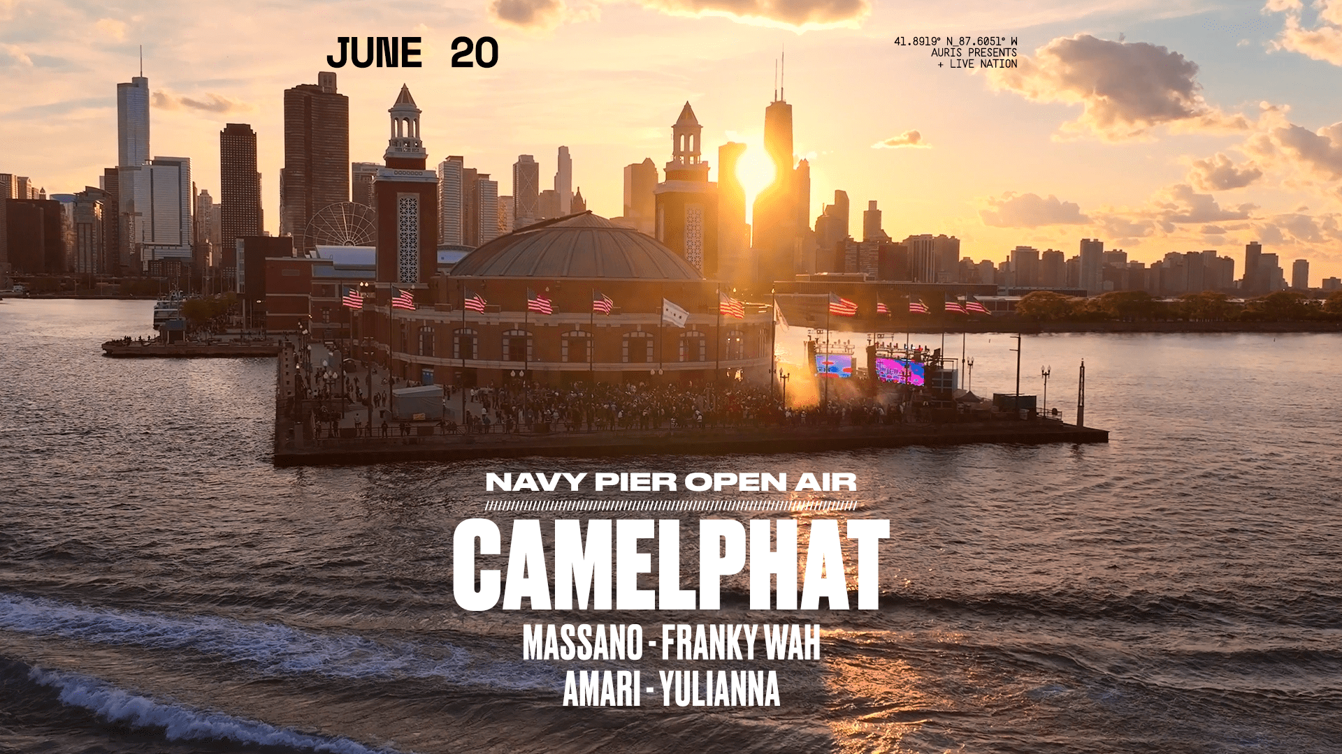 Navy Pier Open Air event poster featuring CamelPhat against Chicago skyline at sunset